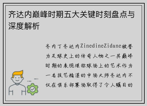 齐达内巅峰时期五大关键时刻盘点与深度解析