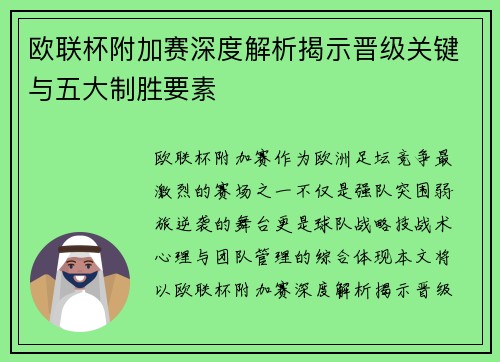 欧联杯附加赛深度解析揭示晋级关键与五大制胜要素